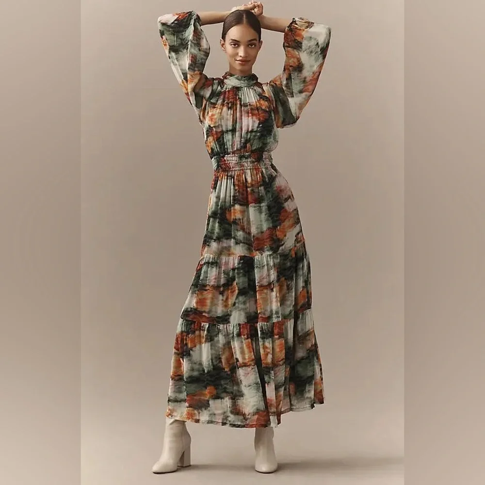 ANTHROPOLOGIE SOMERSET COLLECTION
Long-Sleeve Mock-Neck Chiffon Maxi Dress M - Picture 1 of 4